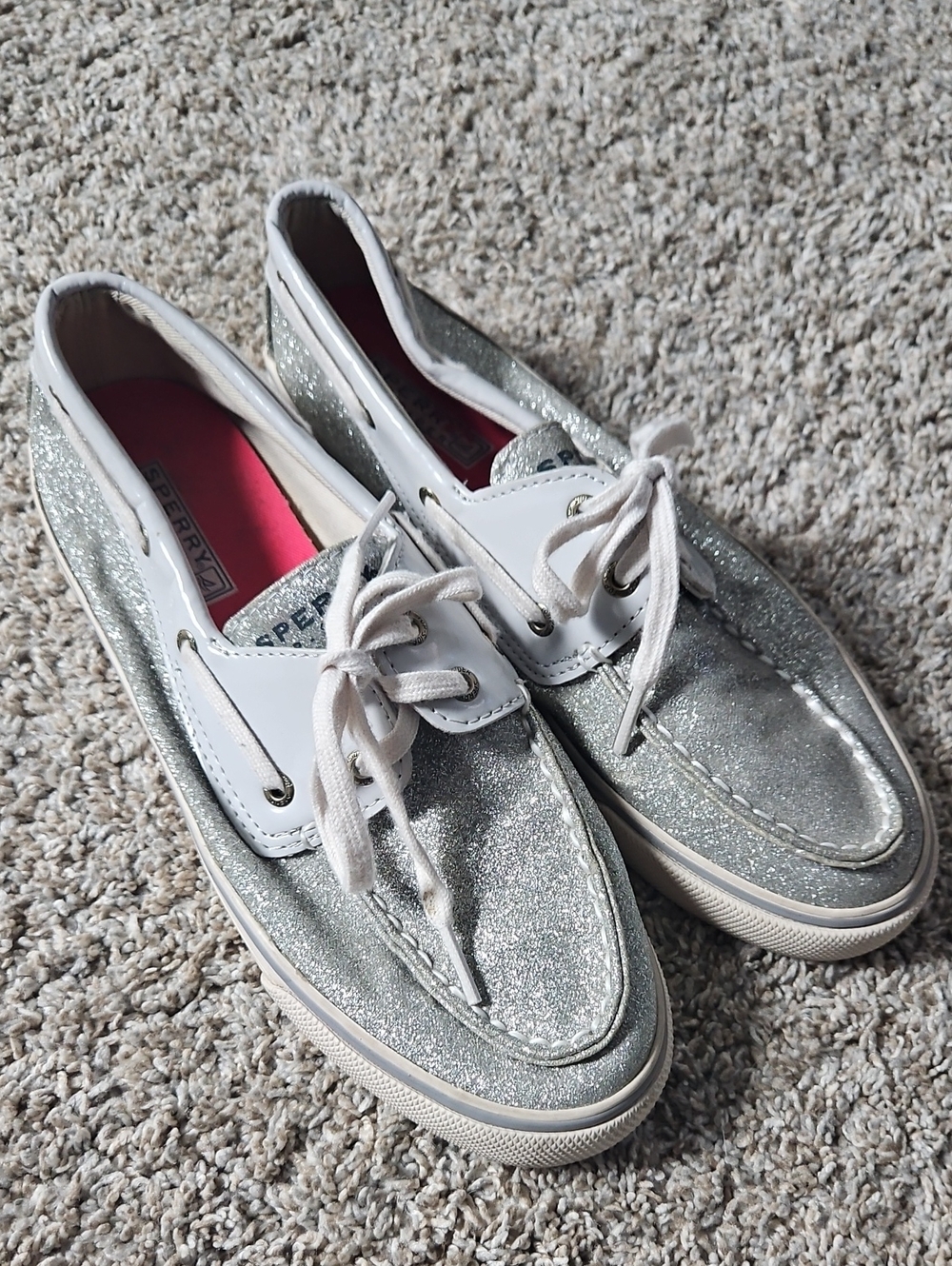 Sperry Silver Glitter Boat Shoes with White Accents